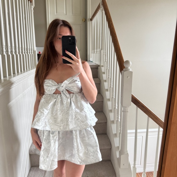 Lucy in the Sky Holiday Jacquard Ruffle Dress in Silver - Picture 2 of 6